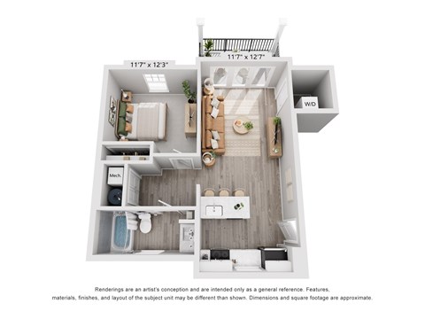 Floor plan for 1 bed, 1 bath, 587 sqft